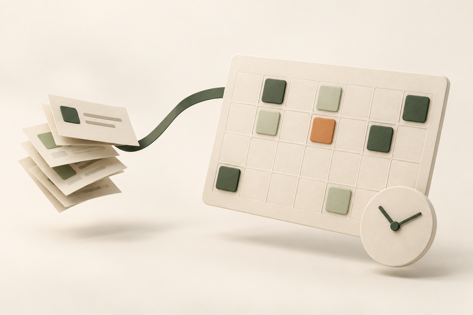 Paper rosters becoming an organized calendar with green shift tiles and a small clock